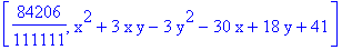 [84206/111111, x^2+3*x*y-3*y^2-30*x+18*y+41]